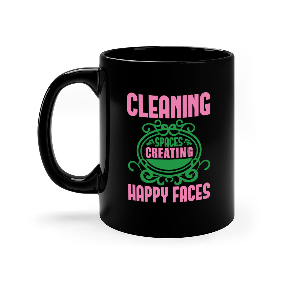 Cleaning spaces creating happy faces Style 41# Mug with a glossy finish, featuring a colored handle and interior, available in multiple colors.