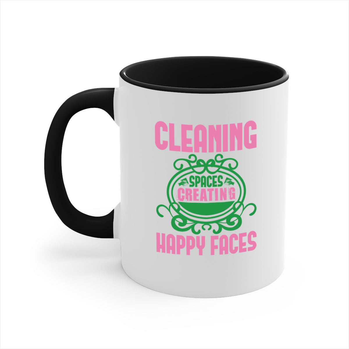 Cleaning spaces creating happy faces Style 41# Mug with a glossy finish, featuring a colored handle and interior, available in multiple colors.
