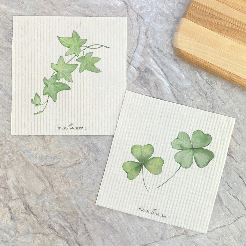 Clover Pair, Ivy 2pk Swedish Dish Cloths featuring eco-friendly designs in vibrant colors, made from plant-based fibers.