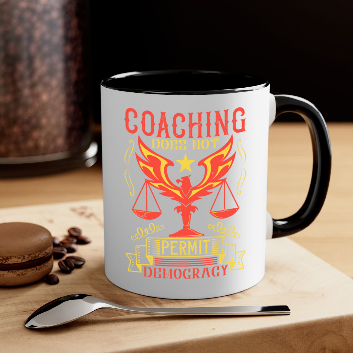 Coaching does not permit democracy Style 48# Mug with a glossy finish and colorful handle, available in multiple sizes.