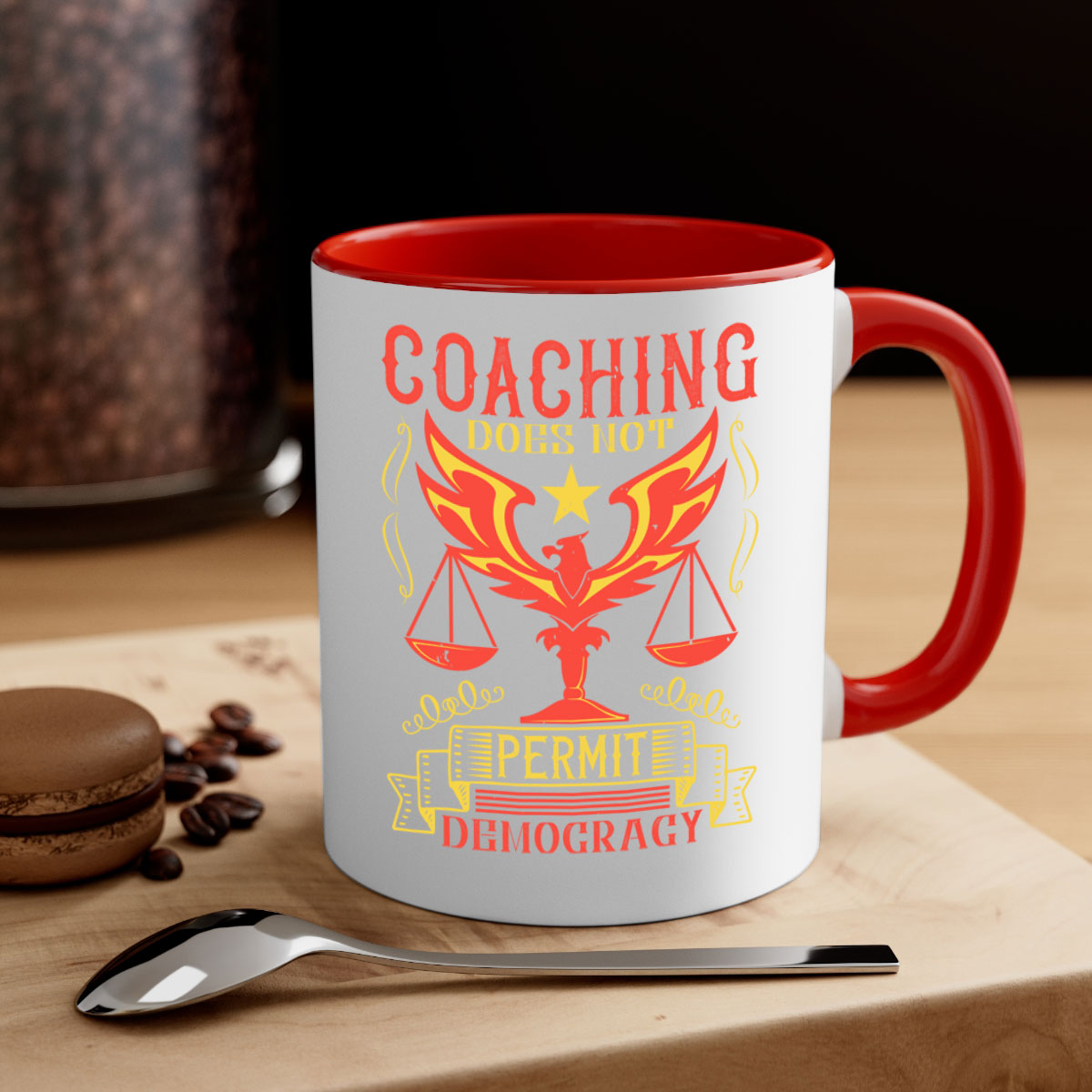 Coaching does not permit democracy Style 48# Mug with a glossy finish and colorful handle, available in multiple sizes.