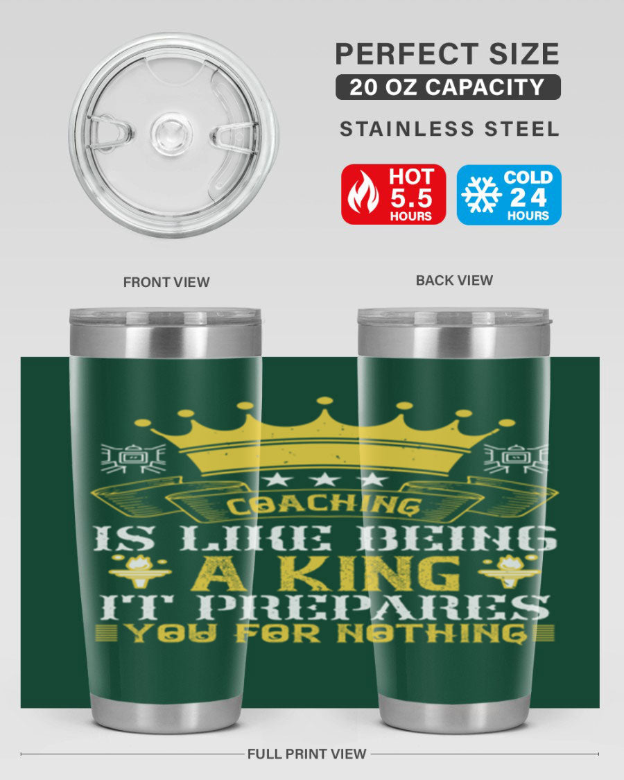 Coaching is like being a king tumbler, featuring a sleek stainless steel design with a press-in lid, perfect for hot and cold beverages.