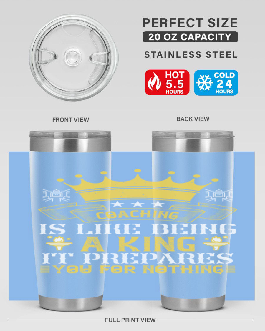 Coaching is like being a king tumbler, featuring a sleek stainless steel design with a press-in lid, perfect for hot and cold beverages.