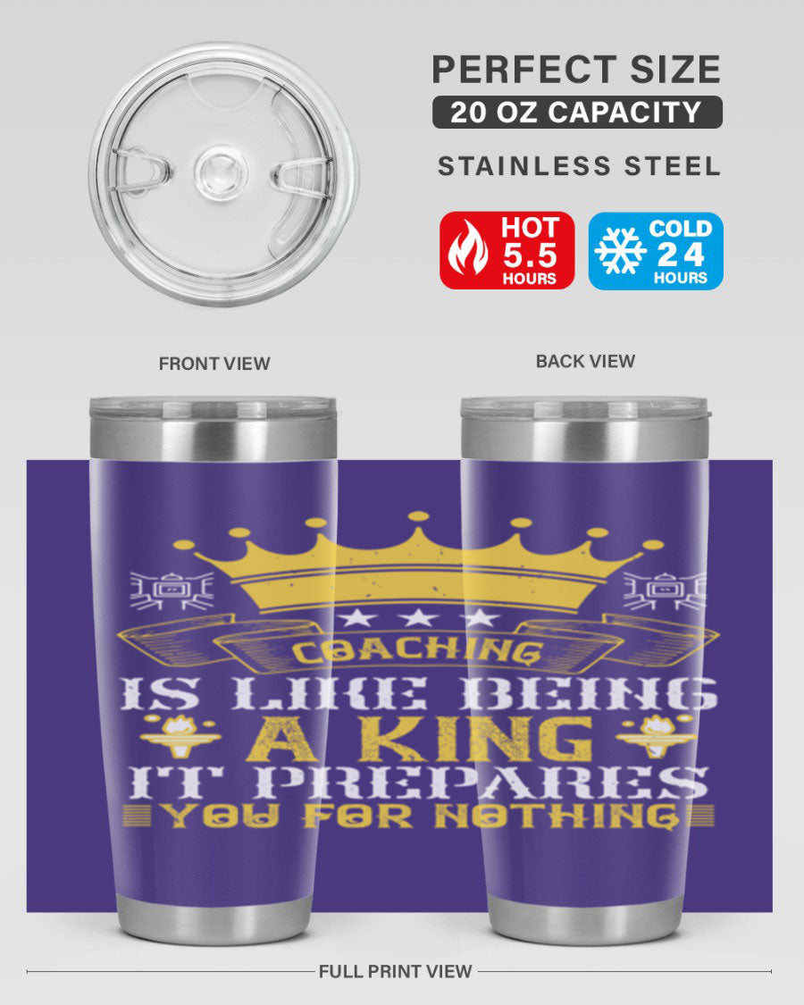 Coaching is like being a king tumbler, featuring a sleek stainless steel design with a press-in lid, perfect for hot and cold beverages.