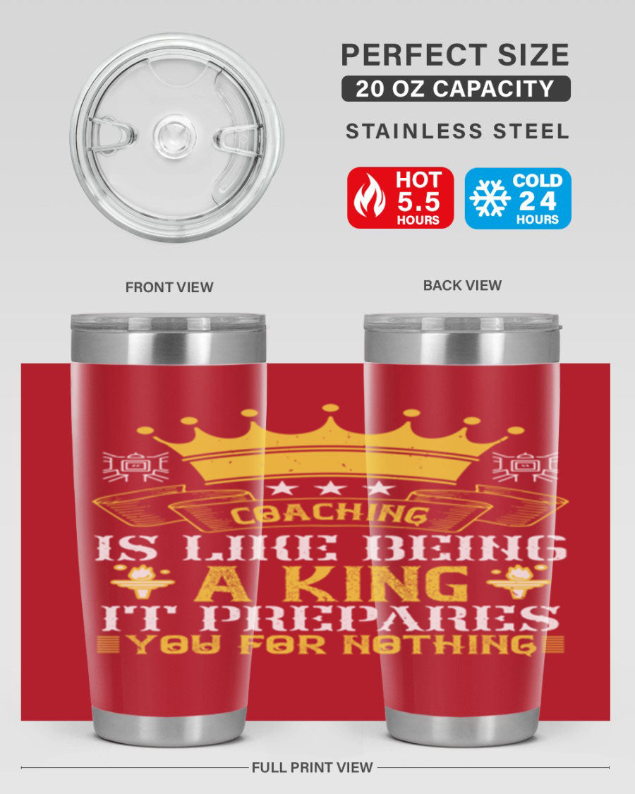 Coaching is like being a king tumbler, featuring a sleek stainless steel design with a press-in lid, perfect for hot and cold beverages.