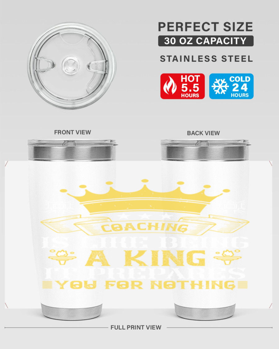 Coaching is like being a king tumbler, featuring a sleek stainless steel design with a press-in lid, perfect for hot and cold beverages.