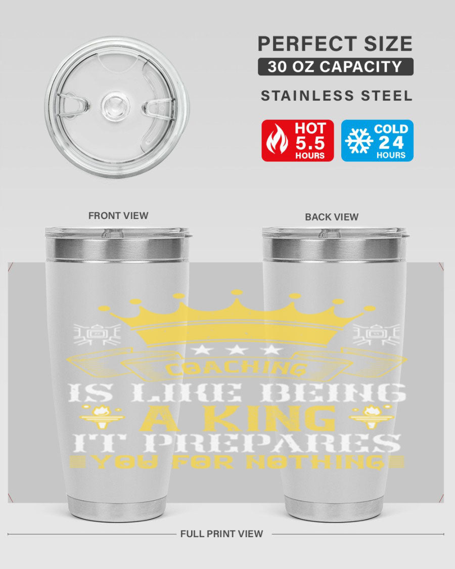 Coaching is like being a king tumbler, featuring a sleek stainless steel design with a press-in lid, perfect for hot and cold beverages.