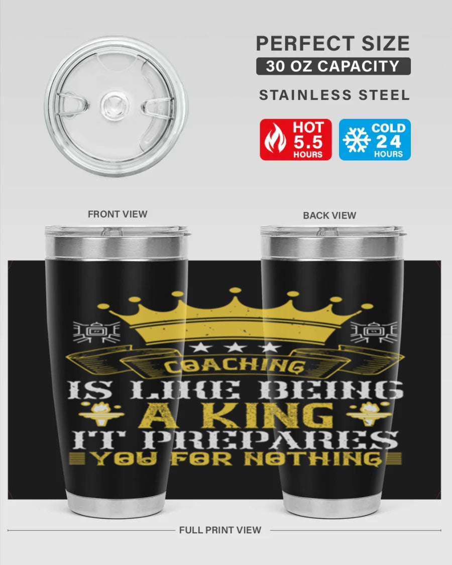 Coaching is like being a king tumbler, featuring a sleek stainless steel design with a press-in lid, perfect for hot and cold beverages.