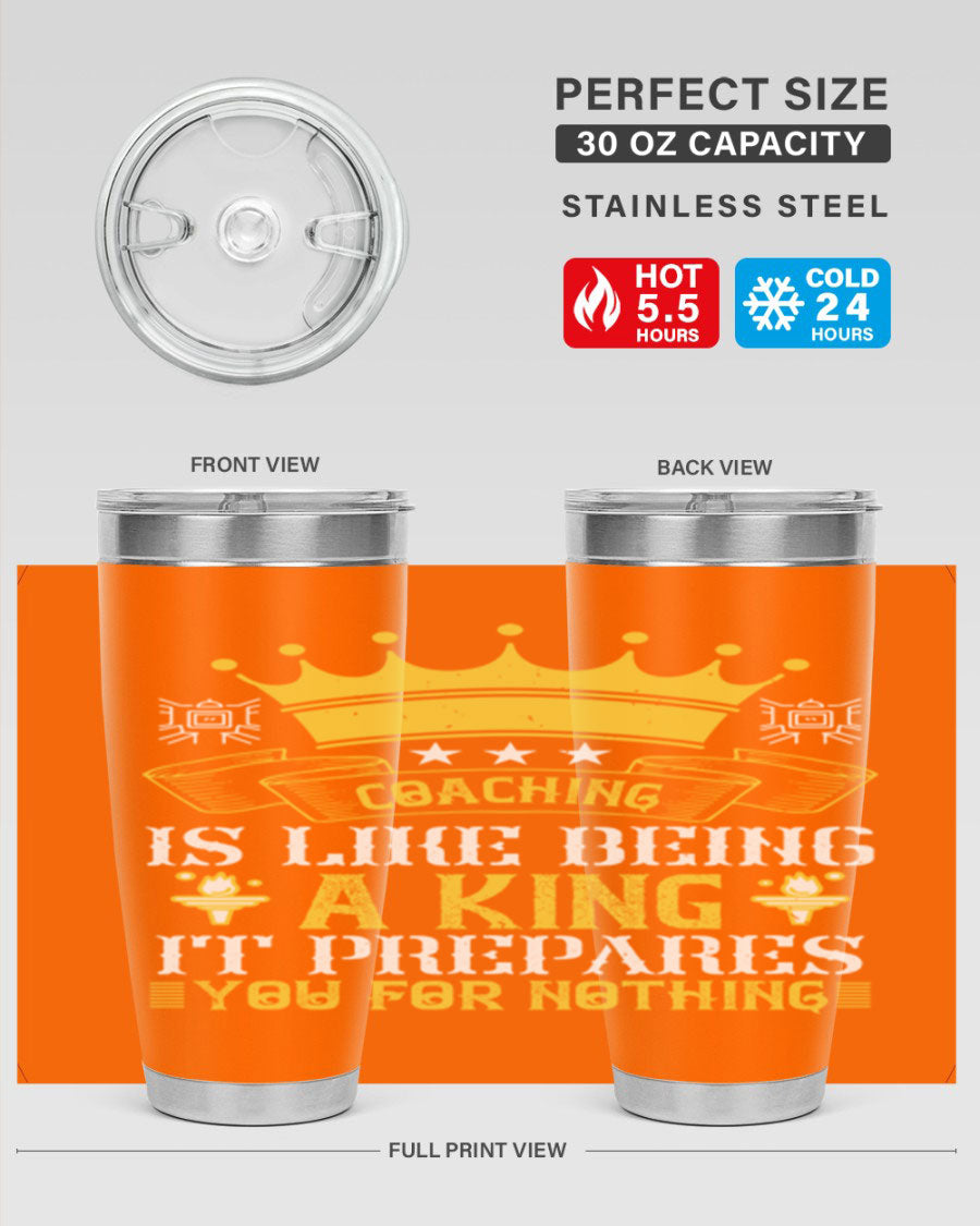 Coaching is like being a king tumbler, featuring a sleek stainless steel design with a press-in lid, perfect for hot and cold beverages.