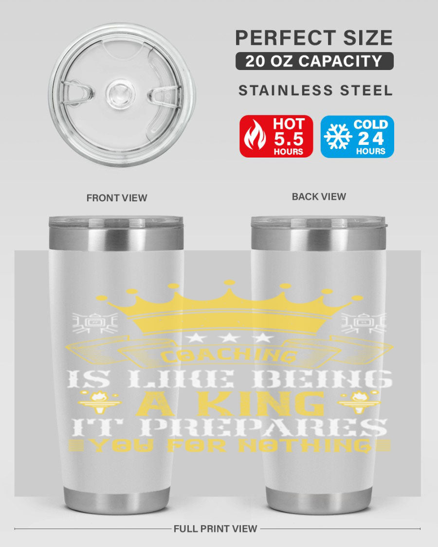 Coaching is like being a king tumbler, featuring a sleek stainless steel design with a press-in lid, perfect for hot and cold beverages.