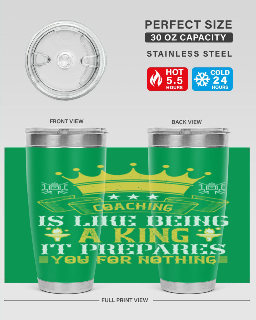 Coaching is like being a king tumbler, featuring a sleek stainless steel design with a press-in lid, perfect for hot and cold beverages.
