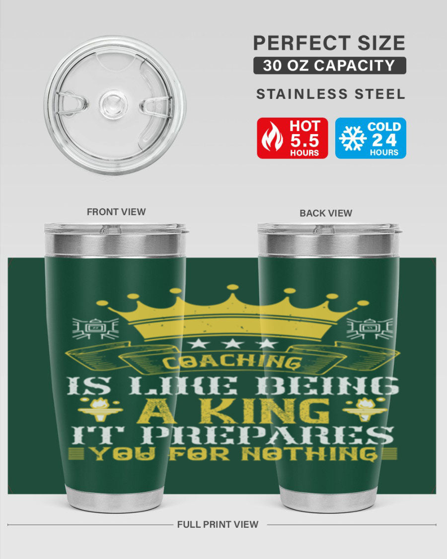 Coaching is like being a king tumbler, featuring a sleek stainless steel design with a press-in lid, perfect for hot and cold beverages.