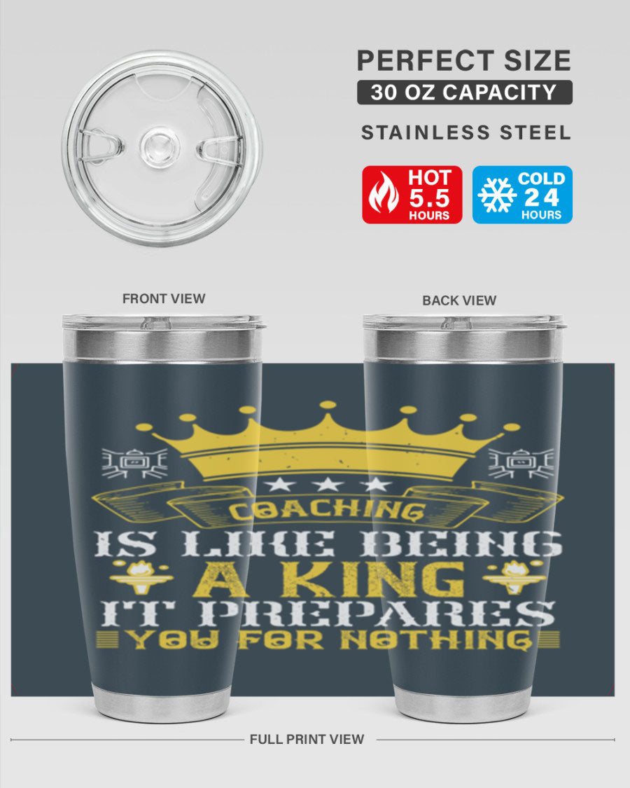 Coaching is like being a king tumbler, featuring a sleek stainless steel design with a press-in lid, perfect for hot and cold beverages.