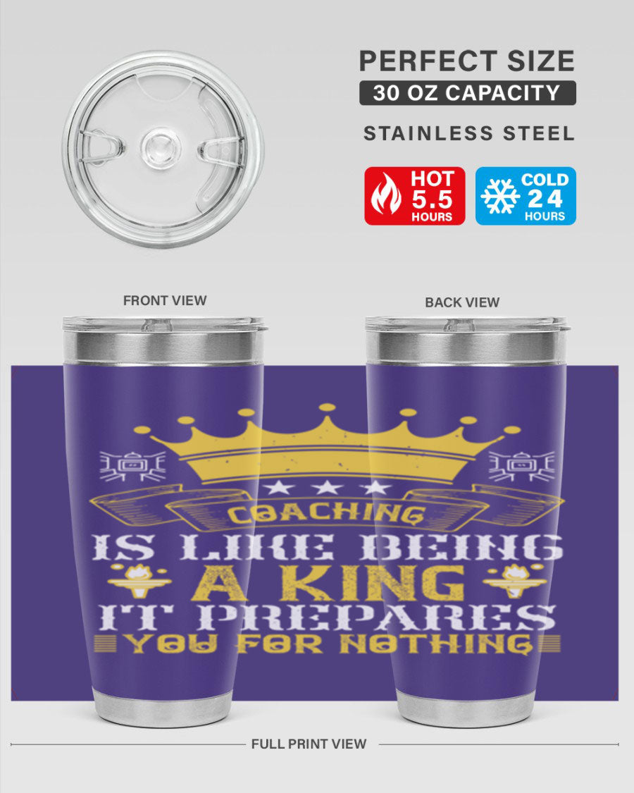 Coaching is like being a king tumbler, featuring a sleek stainless steel design with a press-in lid, perfect for hot and cold beverages.