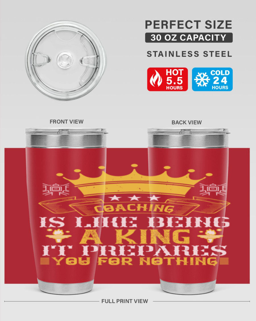 Coaching is like being a king tumbler, featuring a sleek stainless steel design with a press-in lid, perfect for hot and cold beverages.
