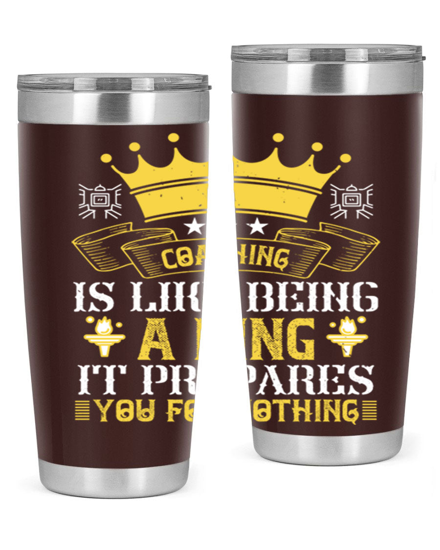 Coaching is like being a king tumbler, featuring a sleek stainless steel design with a press-in lid, perfect for hot and cold beverages.