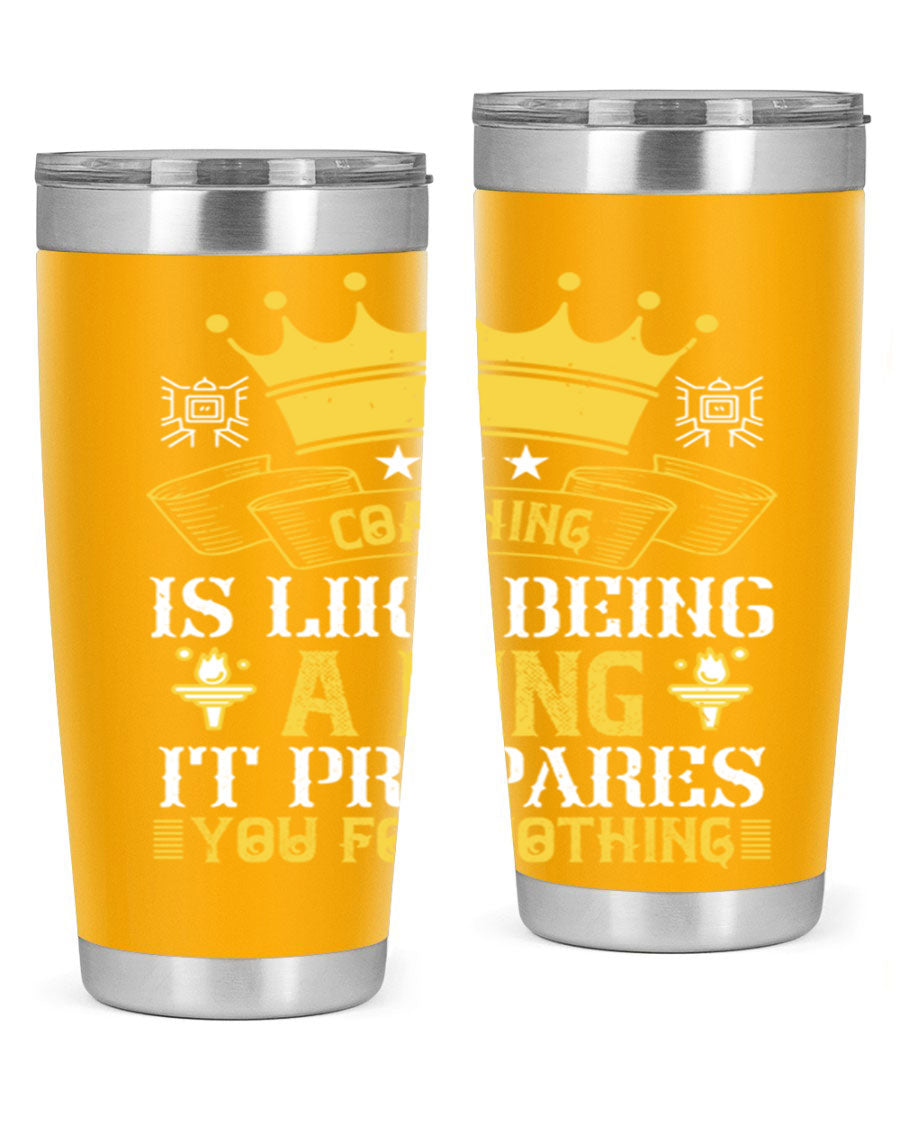 Coaching is like being a king tumbler, featuring a sleek stainless steel design with a press-in lid, perfect for hot and cold beverages.