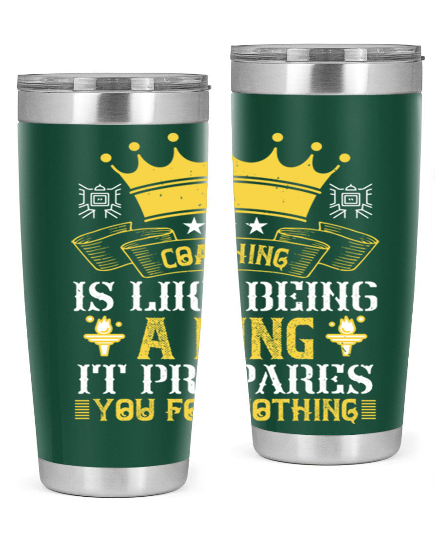 Coaching is like being a king tumbler, featuring a sleek stainless steel design with a press-in lid, perfect for hot and cold beverages.
