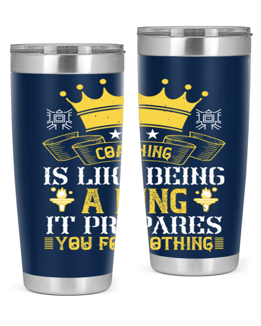 Coaching is like being a king tumbler, featuring a sleek stainless steel design with a press-in lid, perfect for hot and cold beverages.