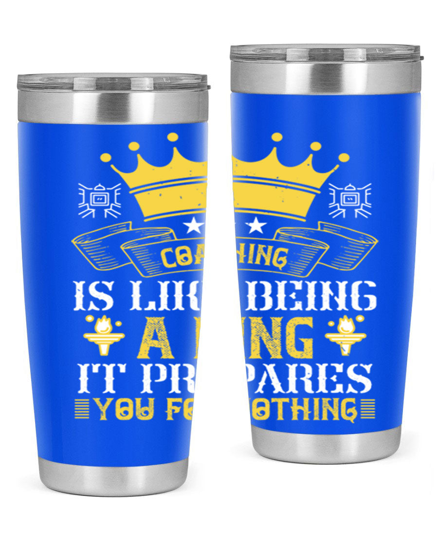 Coaching is like being a king tumbler, featuring a sleek stainless steel design with a press-in lid, perfect for hot and cold beverages.