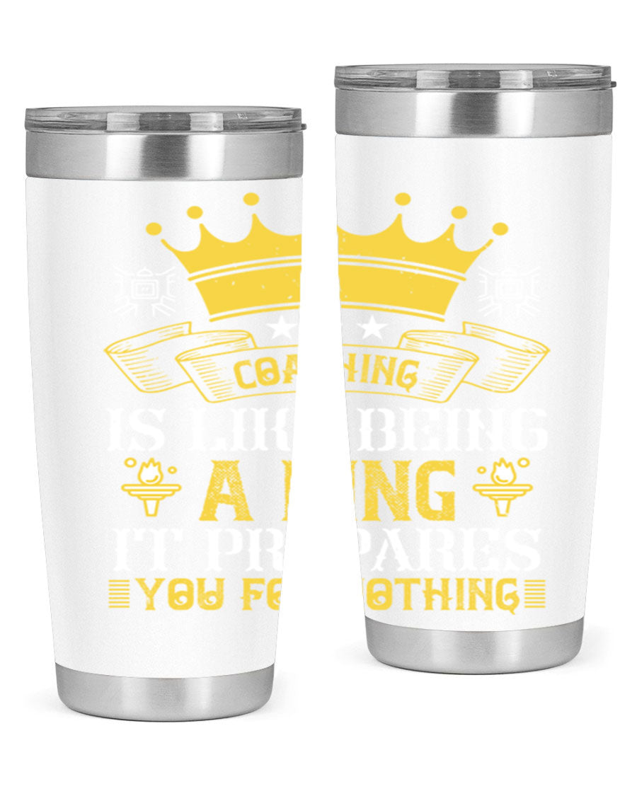 Coaching is like being a king tumbler, featuring a sleek stainless steel design with a press-in lid, perfect for hot and cold beverages.