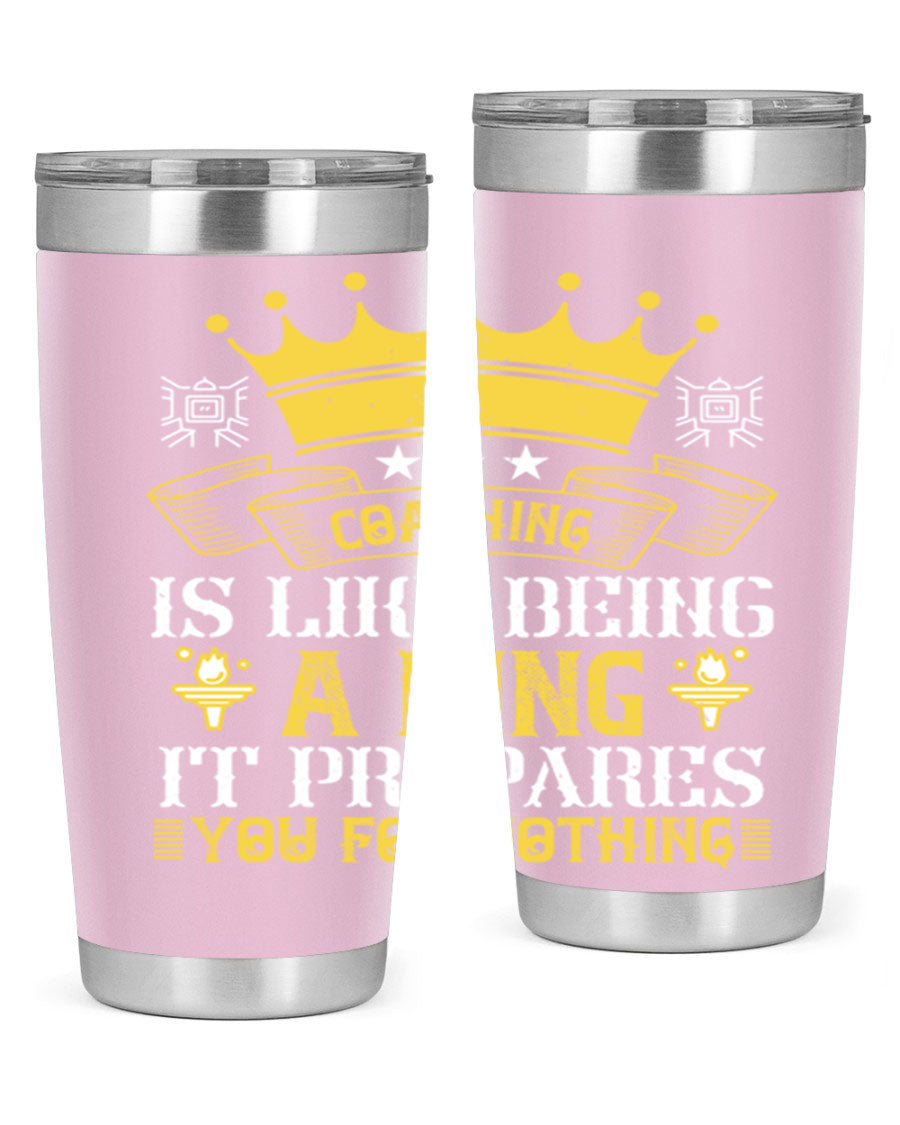 Coaching is like being a king tumbler, featuring a sleek stainless steel design with a press-in lid, perfect for hot and cold beverages.