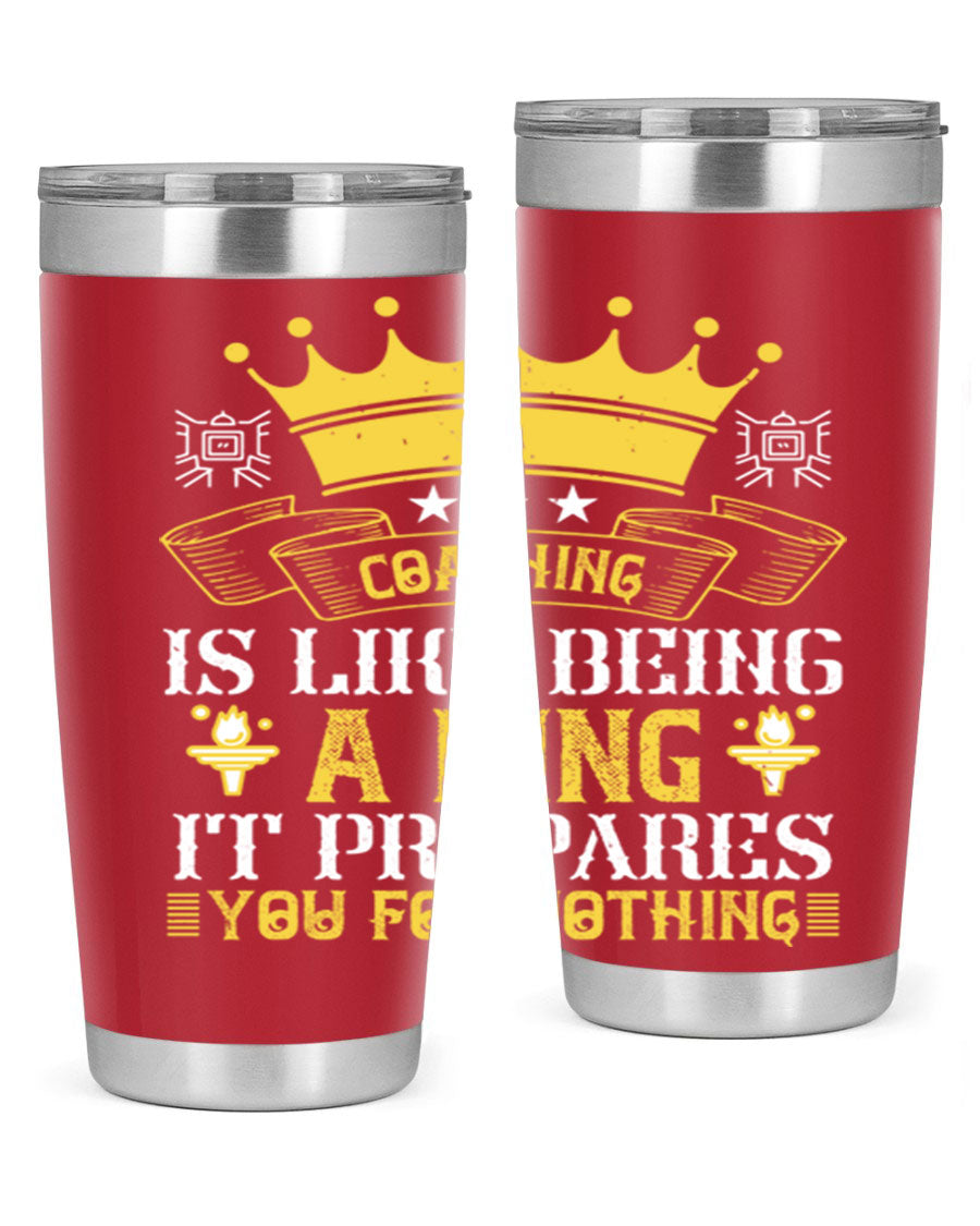 Coaching is like being a king tumbler, featuring a sleek stainless steel design with a press-in lid, perfect for hot and cold beverages.