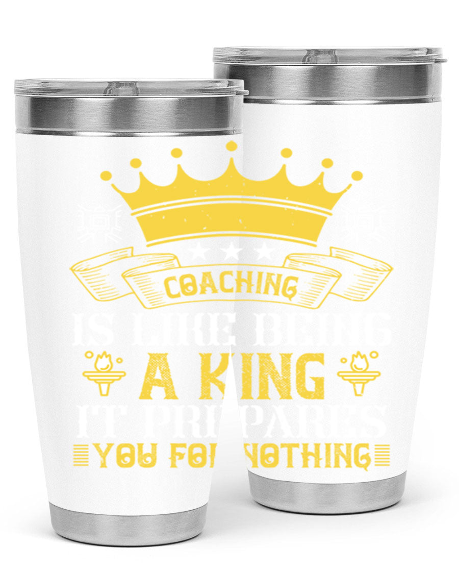 Coaching is like being a king tumbler, featuring a sleek stainless steel design with a press-in lid, perfect for hot and cold beverages.