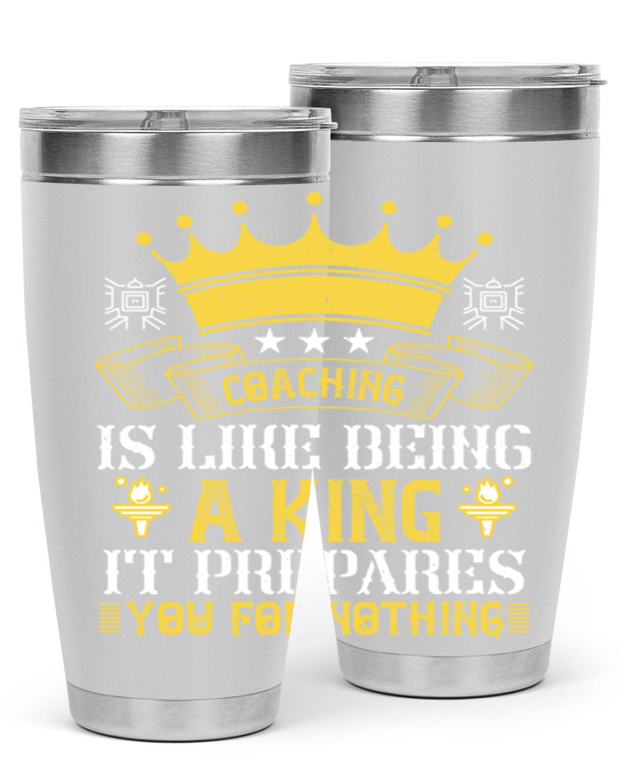 Coaching is like being a king tumbler, featuring a sleek stainless steel design with a press-in lid, perfect for hot and cold beverages.