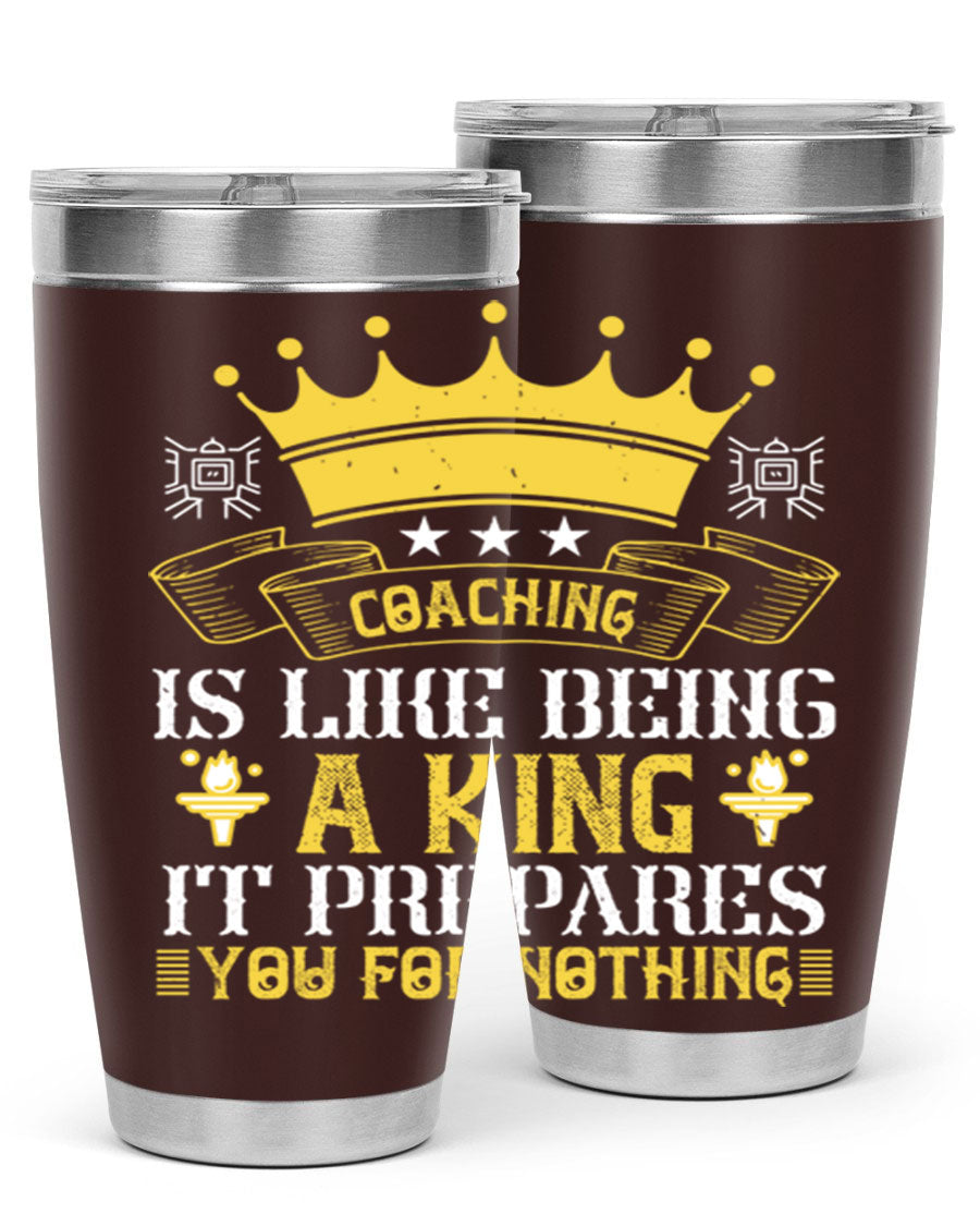 Coaching is like being a king tumbler, featuring a sleek stainless steel design with a press-in lid, perfect for hot and cold beverages.