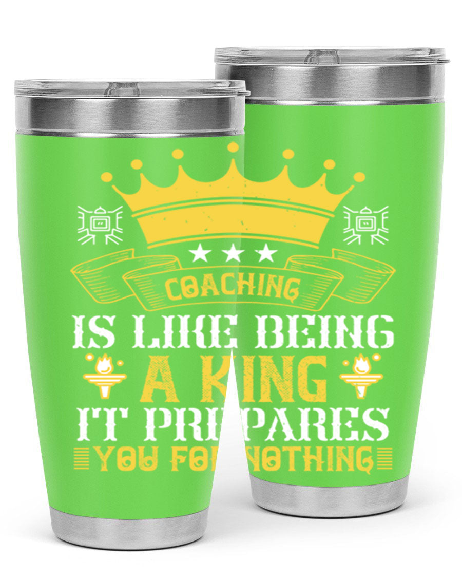 Coaching is like being a king tumbler, featuring a sleek stainless steel design with a press-in lid, perfect for hot and cold beverages.
