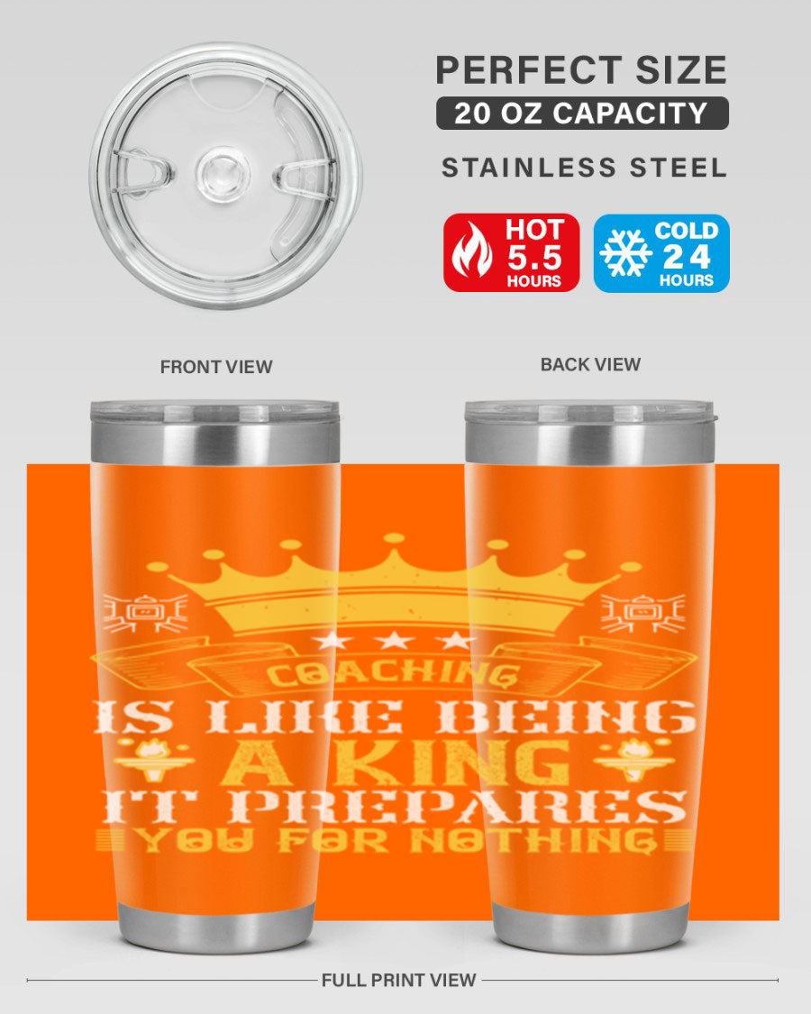 Coaching is like being a king tumbler, featuring a sleek stainless steel design with a press-in lid, perfect for hot and cold beverages.