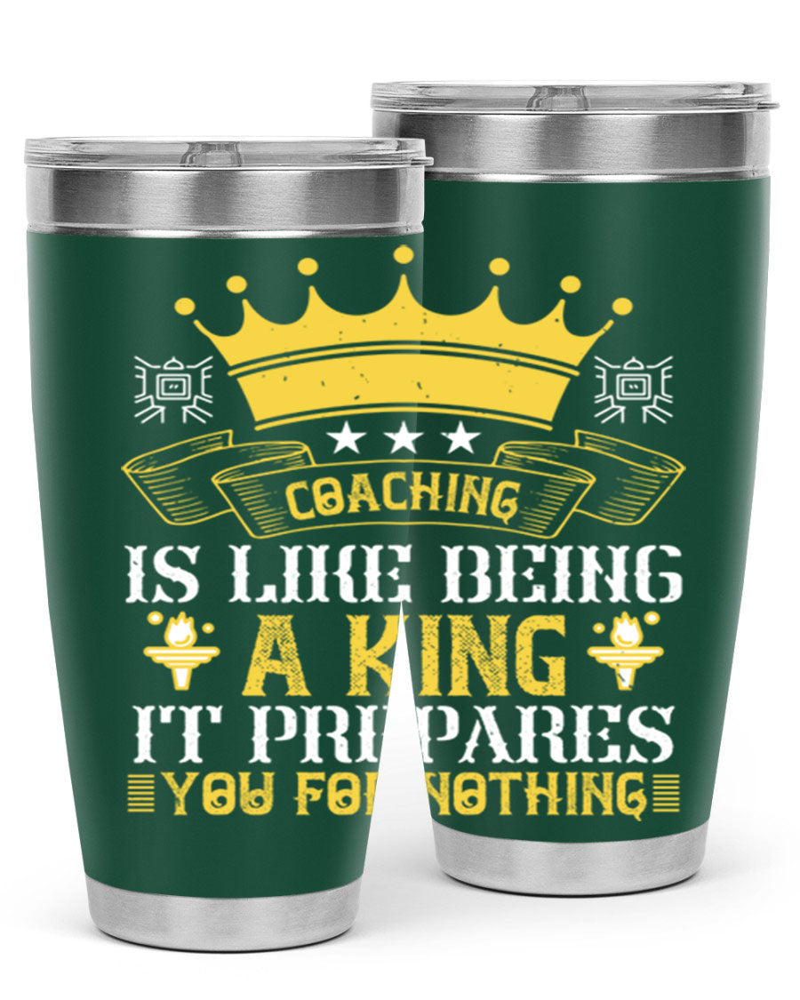 Coaching is like being a king tumbler, featuring a sleek stainless steel design with a press-in lid, perfect for hot and cold beverages.