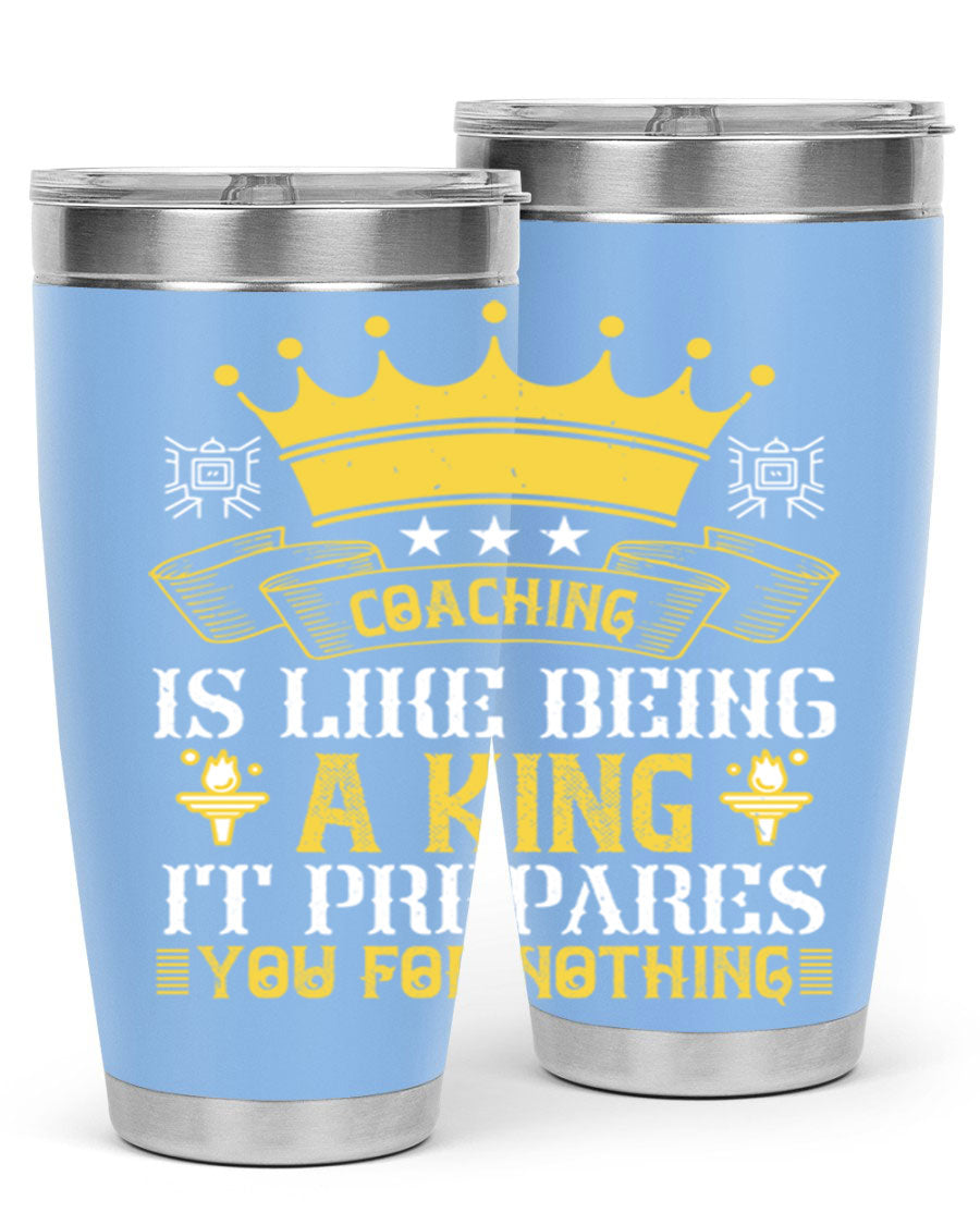 Coaching is like being a king tumbler, featuring a sleek stainless steel design with a press-in lid, perfect for hot and cold beverages.