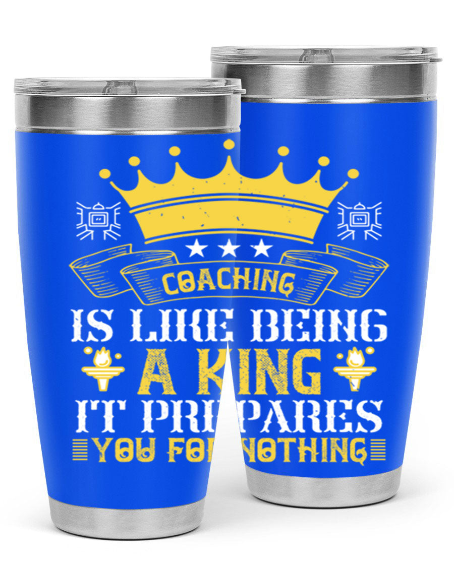 Coaching is like being a king tumbler, featuring a sleek stainless steel design with a press-in lid, perfect for hot and cold beverages.