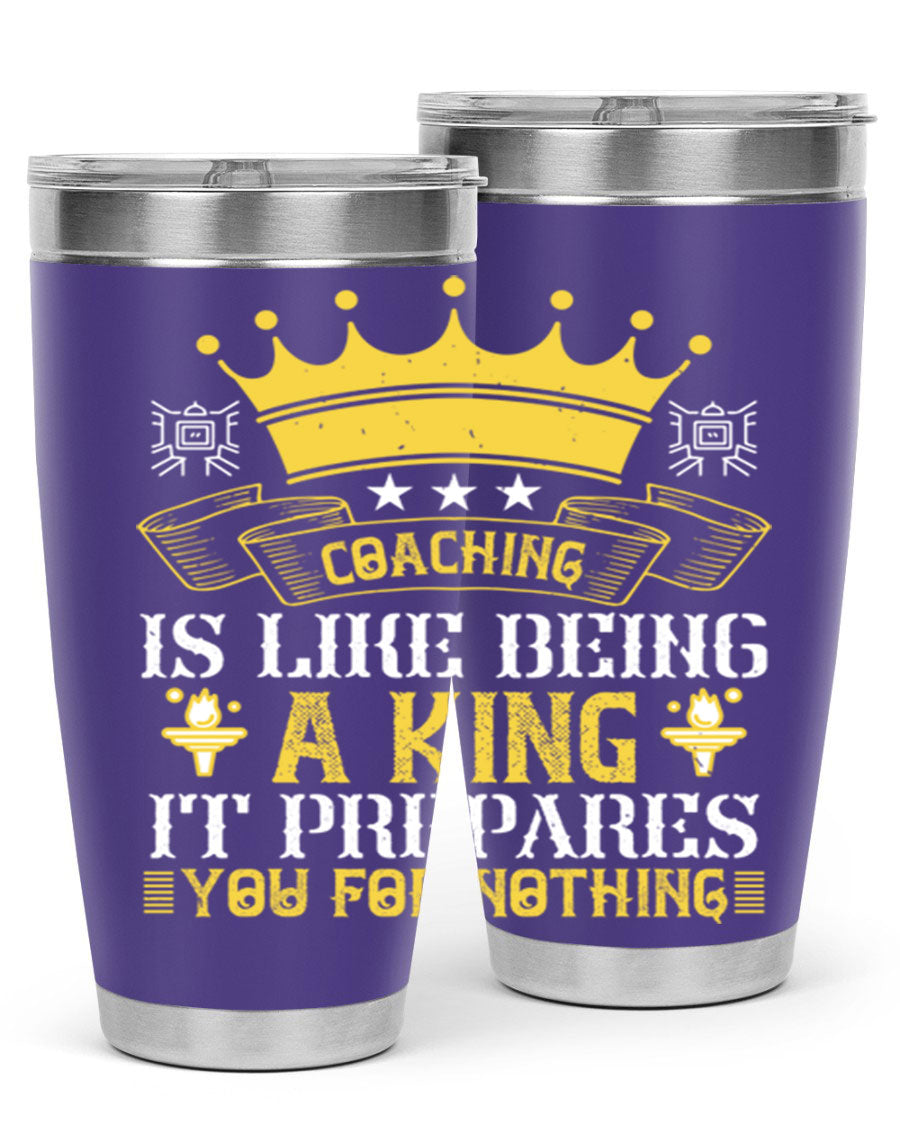 Coaching is like being a king tumbler, featuring a sleek stainless steel design with a press-in lid, perfect for hot and cold beverages.
