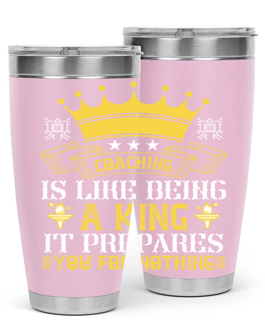 Coaching is like being a king tumbler, featuring a sleek stainless steel design with a press-in lid, perfect for hot and cold beverages.
