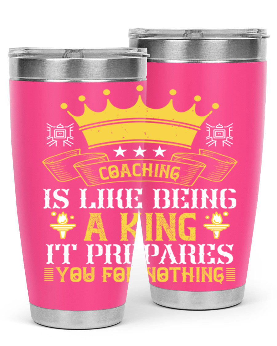 Coaching is like being a king tumbler, featuring a sleek stainless steel design with a press-in lid, perfect for hot and cold beverages.