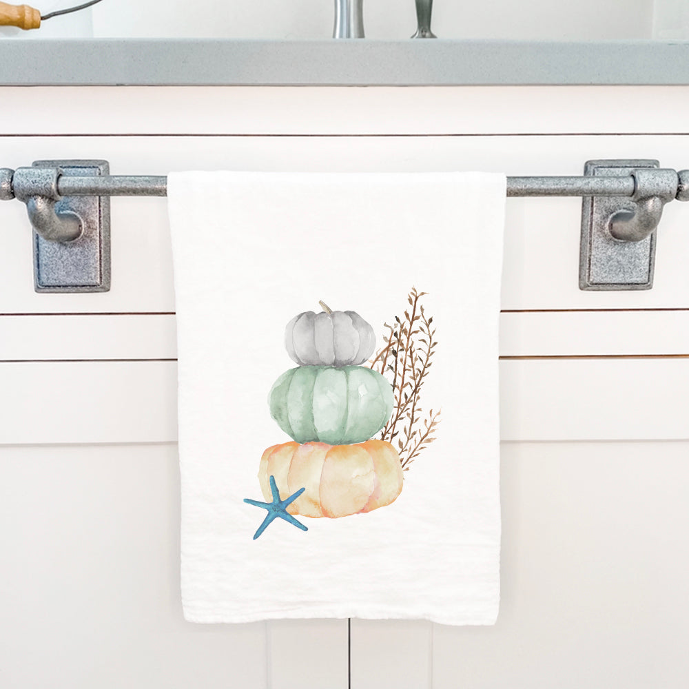Coastal Pumpkin Stack Cotton Tea Towel featuring vibrant pumpkin design on absorbent cotton fabric, perfect for kitchen use.