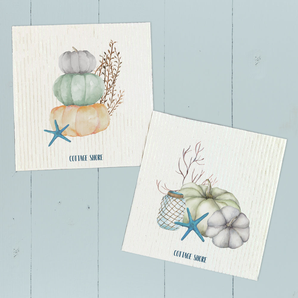 Coastal Pumpkin Stack Swedish Dish Cloths featuring autumn-themed designs, eco-friendly and reusable, perfect for kitchen cleaning.