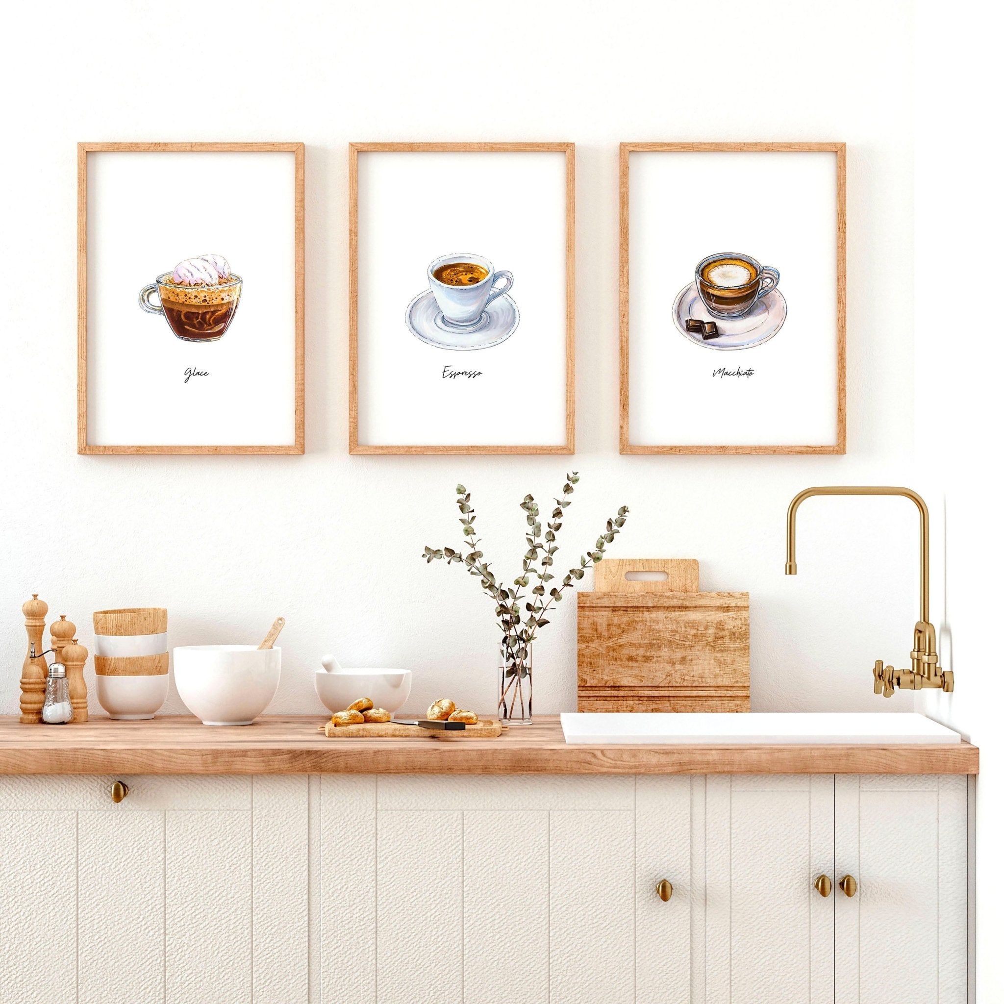 A set of three coffee art prints featuring coffee bean illustrations and inspiring quotes, perfect for enhancing coffee bar decor.