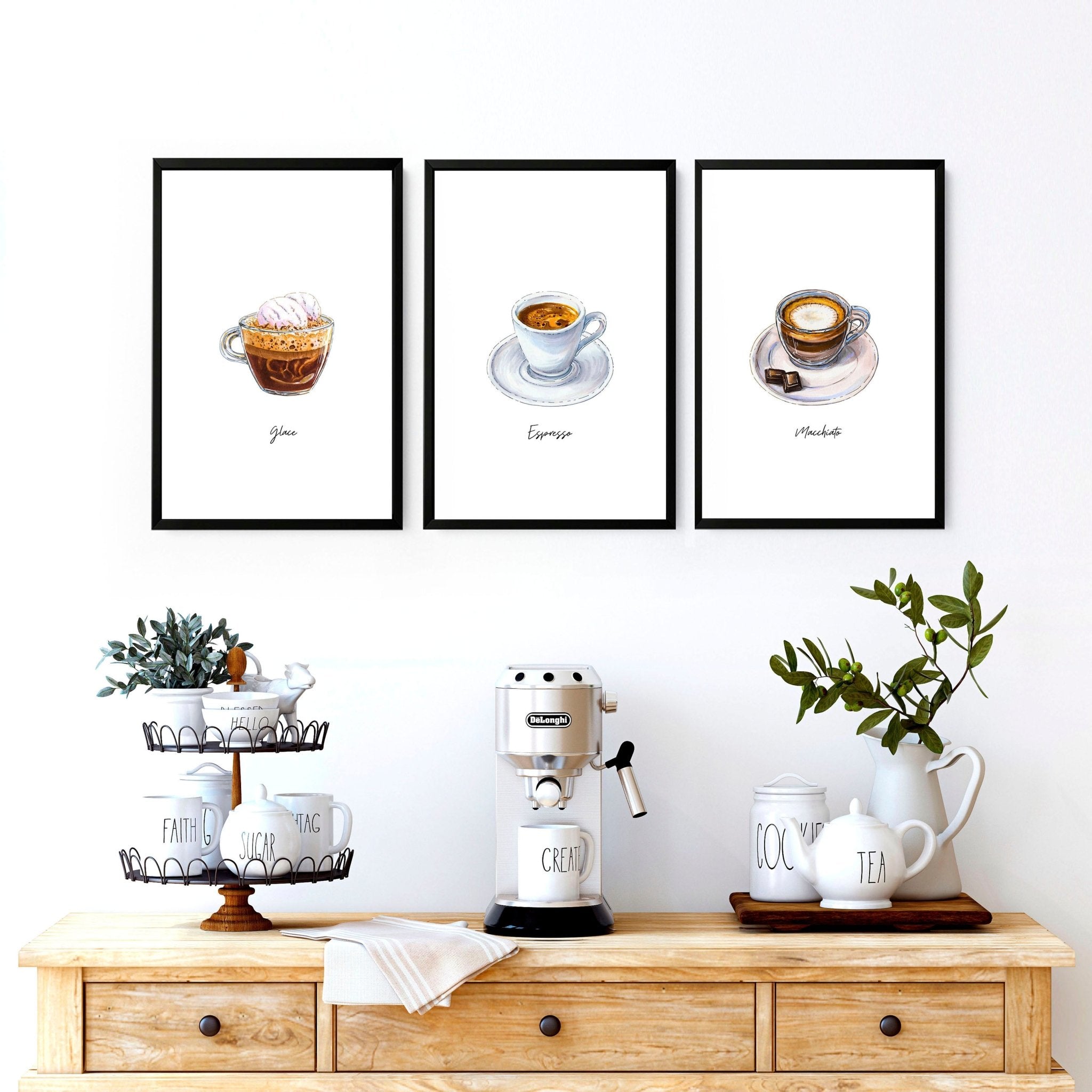 A set of three coffee art prints featuring coffee bean illustrations and inspiring quotes, perfect for enhancing coffee bar decor.