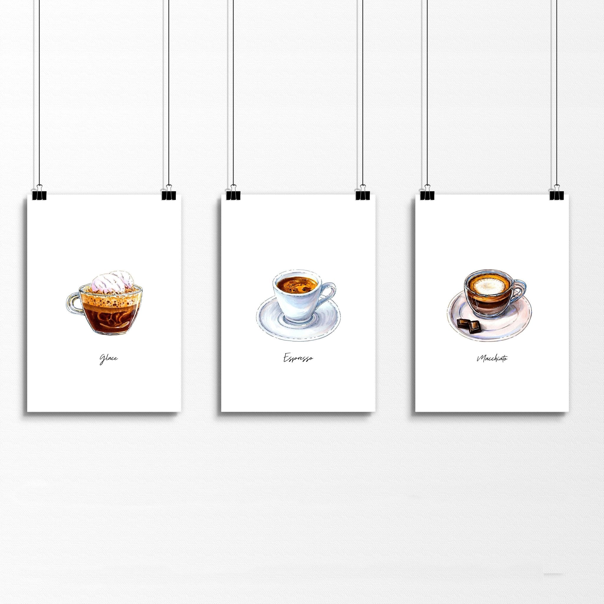 A set of three coffee art prints featuring coffee bean illustrations and inspiring quotes, perfect for enhancing coffee bar decor.