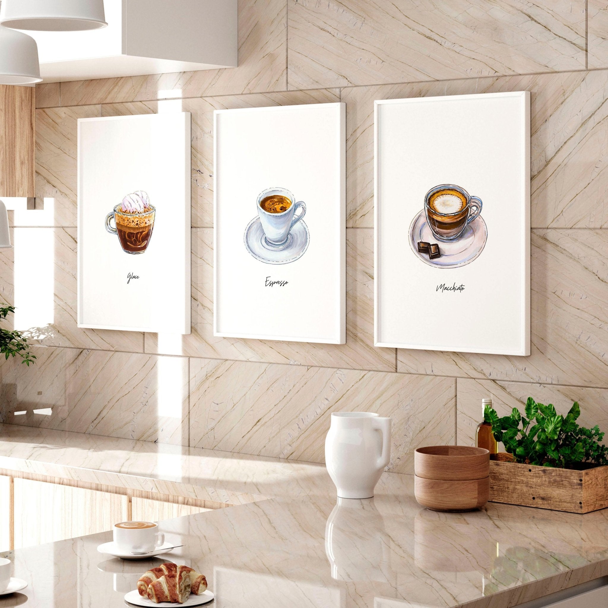 A set of three coffee art prints featuring coffee bean illustrations and inspiring quotes, perfect for enhancing coffee bar decor.