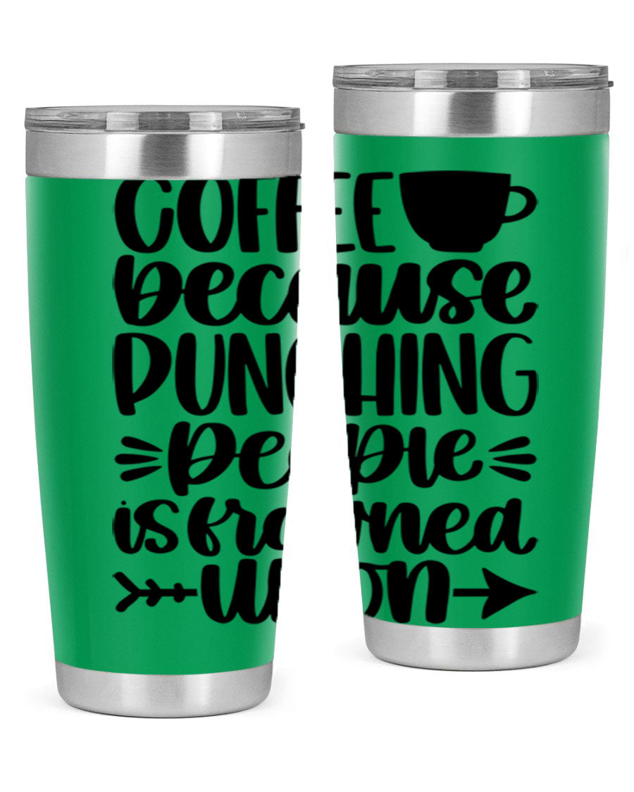 Coffee Because 170# Tumbler in stainless steel with a drink-thru lid, showcasing its sleek design and double wall insulation.