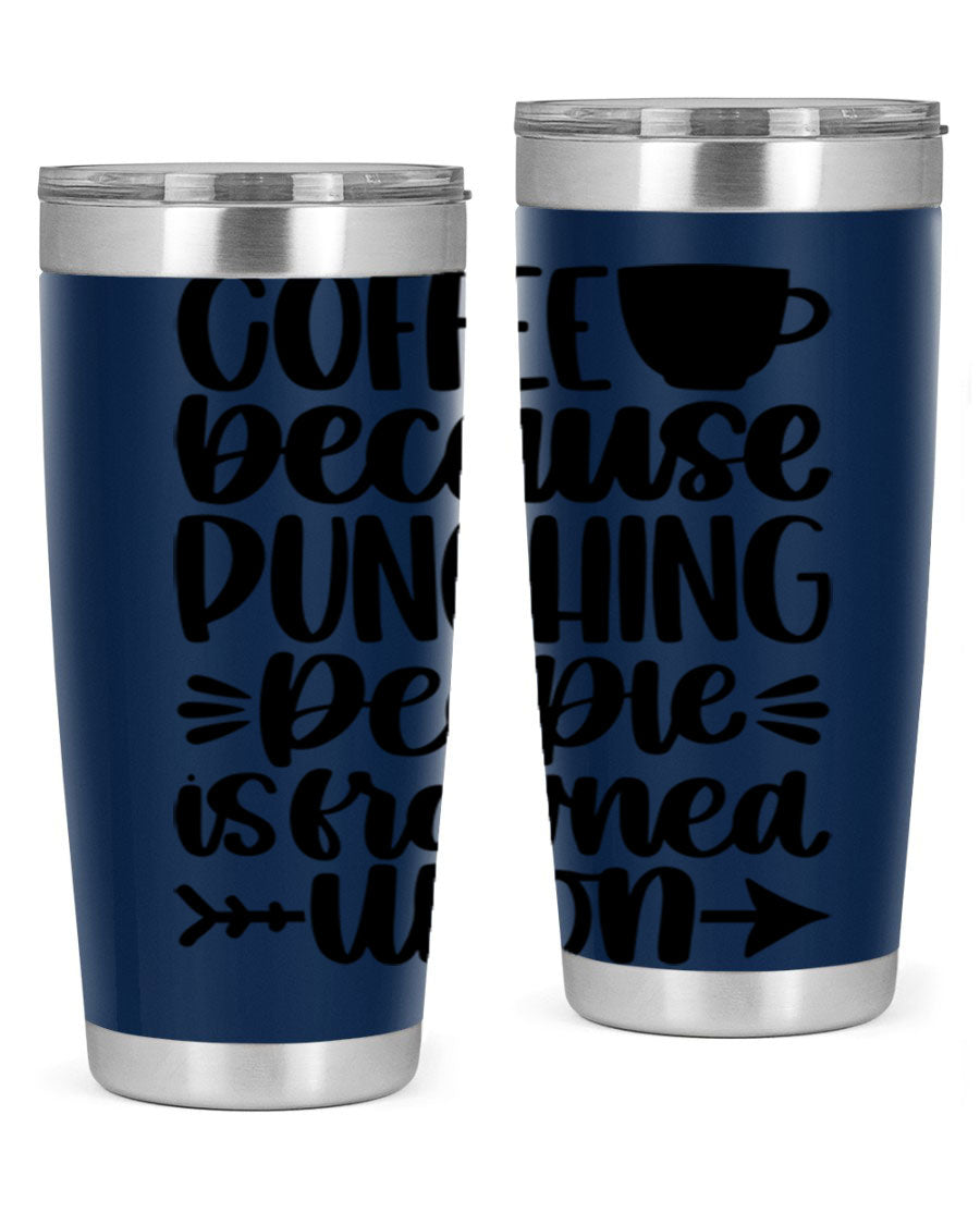 Coffee Because 170# Tumbler in stainless steel with a drink-thru lid, showcasing its sleek design and double wall insulation.