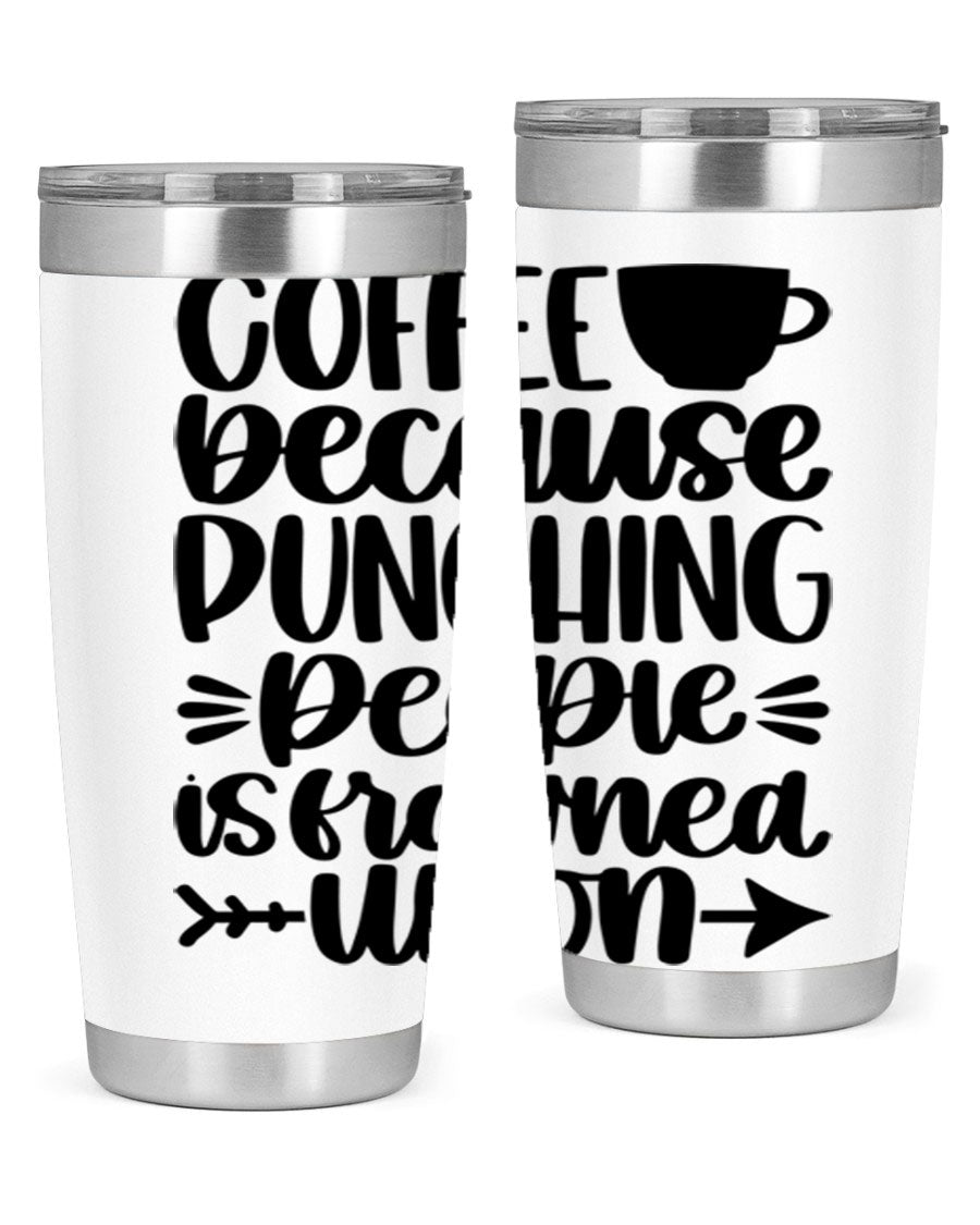 Coffee Because 170# Tumbler in stainless steel with a drink-thru lid, showcasing its sleek design and double wall insulation.