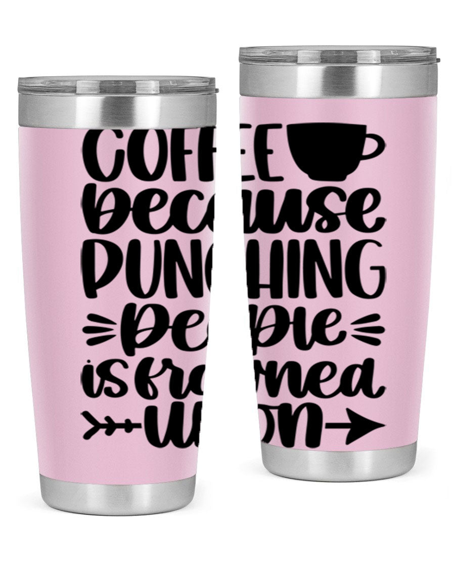 Coffee Because 170# Tumbler in stainless steel with a drink-thru lid, showcasing its sleek design and double wall insulation.