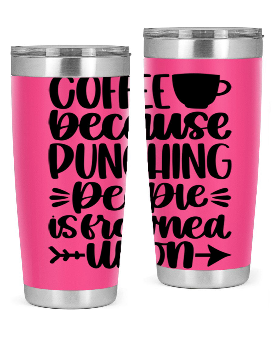 Coffee Because 170# Tumbler in stainless steel with a drink-thru lid, showcasing its sleek design and double wall insulation.