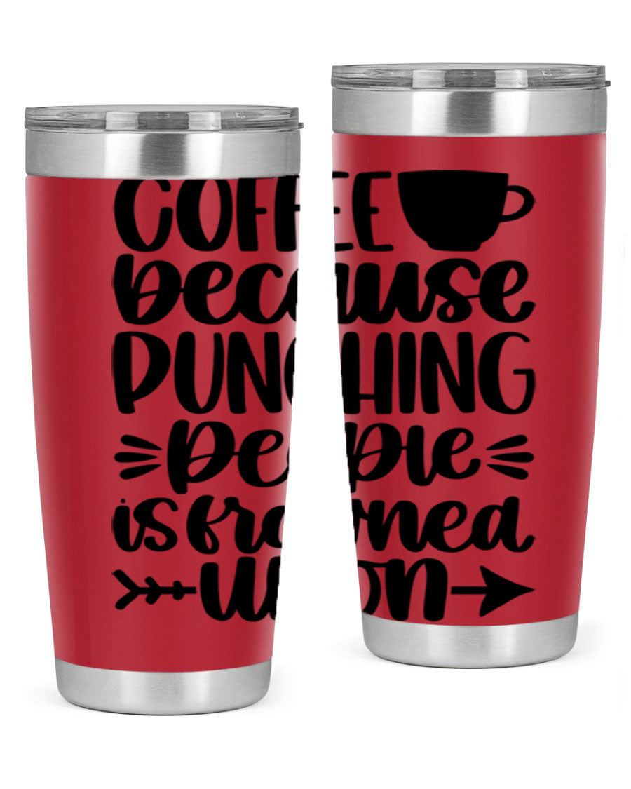 Coffee Because 170# Tumbler in stainless steel with a drink-thru lid, showcasing its sleek design and double wall insulation.